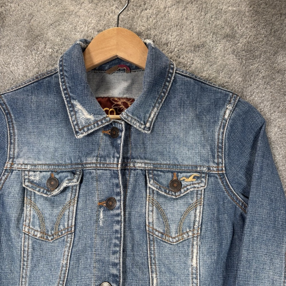 Vintage Hollister Jacket Womens‎ M Blue Denim Button Up Trucker Distressed Y2K